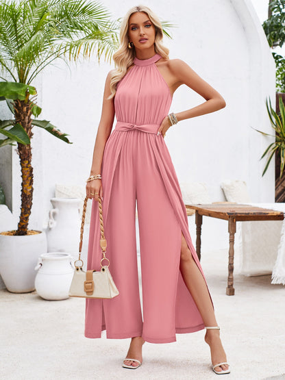 Ruched Slit Tied Sleeveless Jumpsuit apparel & accessories