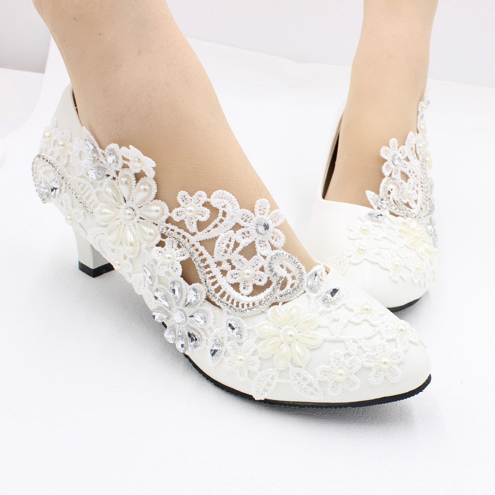 White High-heeled Wedding Shoes Lace Rhinestone Bridal Shoes & Bags