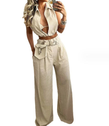 Solid Color Lapel Sexy Sleeveless Top Casual Pants Set apparels & accessories