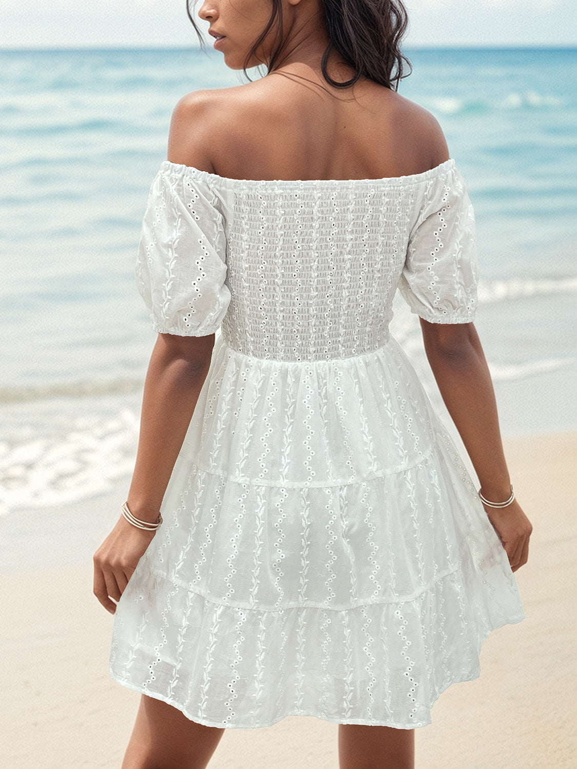 Smocked Eyelet Off-Shoulder Mini Dress Dresses & Tops