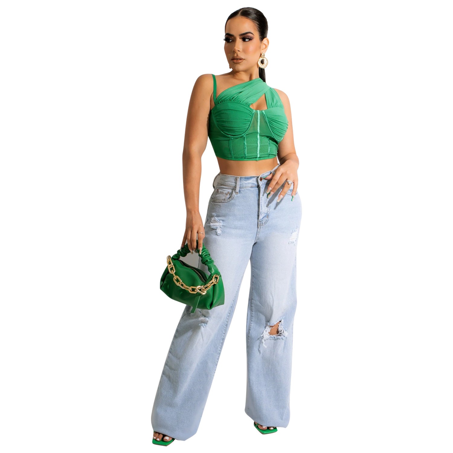 Women's Mesh See-Through Cropped Slanted Shoulder Top apparels & accessories