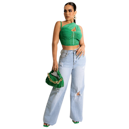 Women's Mesh See-Through Cropped Slanted Shoulder Top apparels & accessories