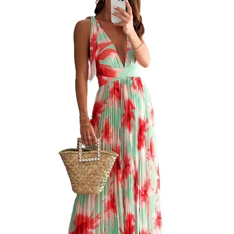 Lady Sexy Backless Print Pleated Dress apparel & accessories