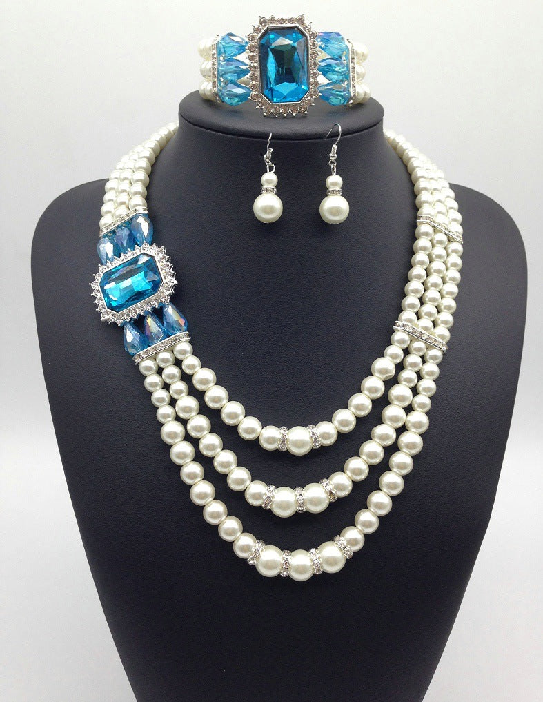 European fashion Diamond Gemstone Pearl Necklace Earrings Set Jewelry
