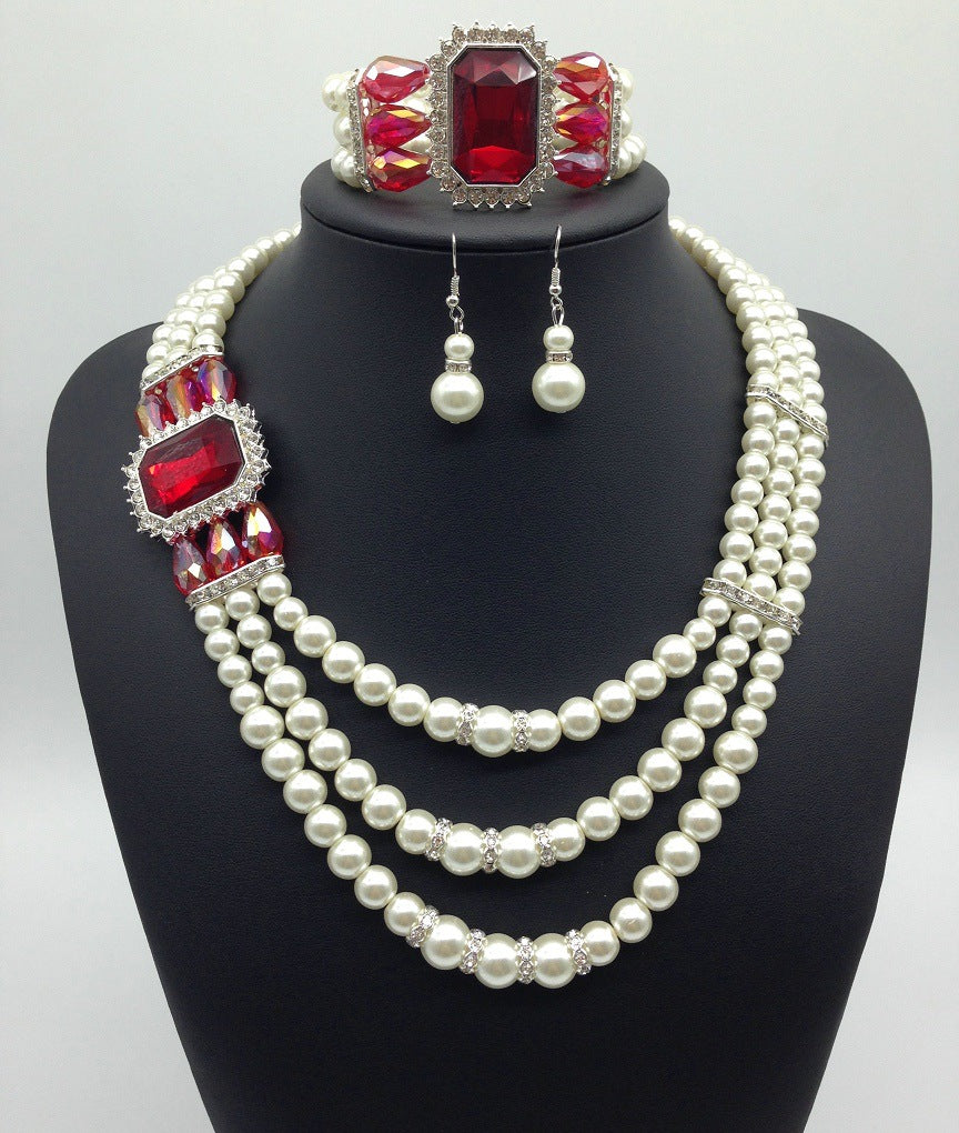 European fashion Diamond Gemstone Pearl Necklace Earrings Set Jewelry