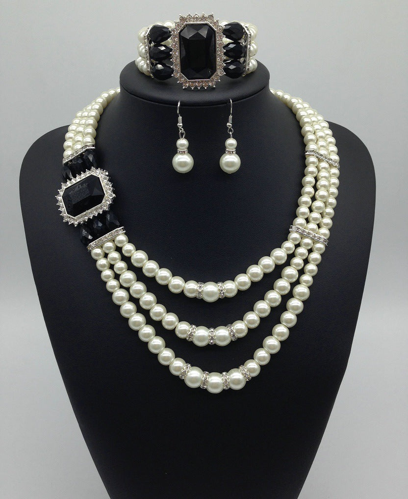 European fashion Diamond Gemstone Pearl Necklace Earrings Set Jewelry