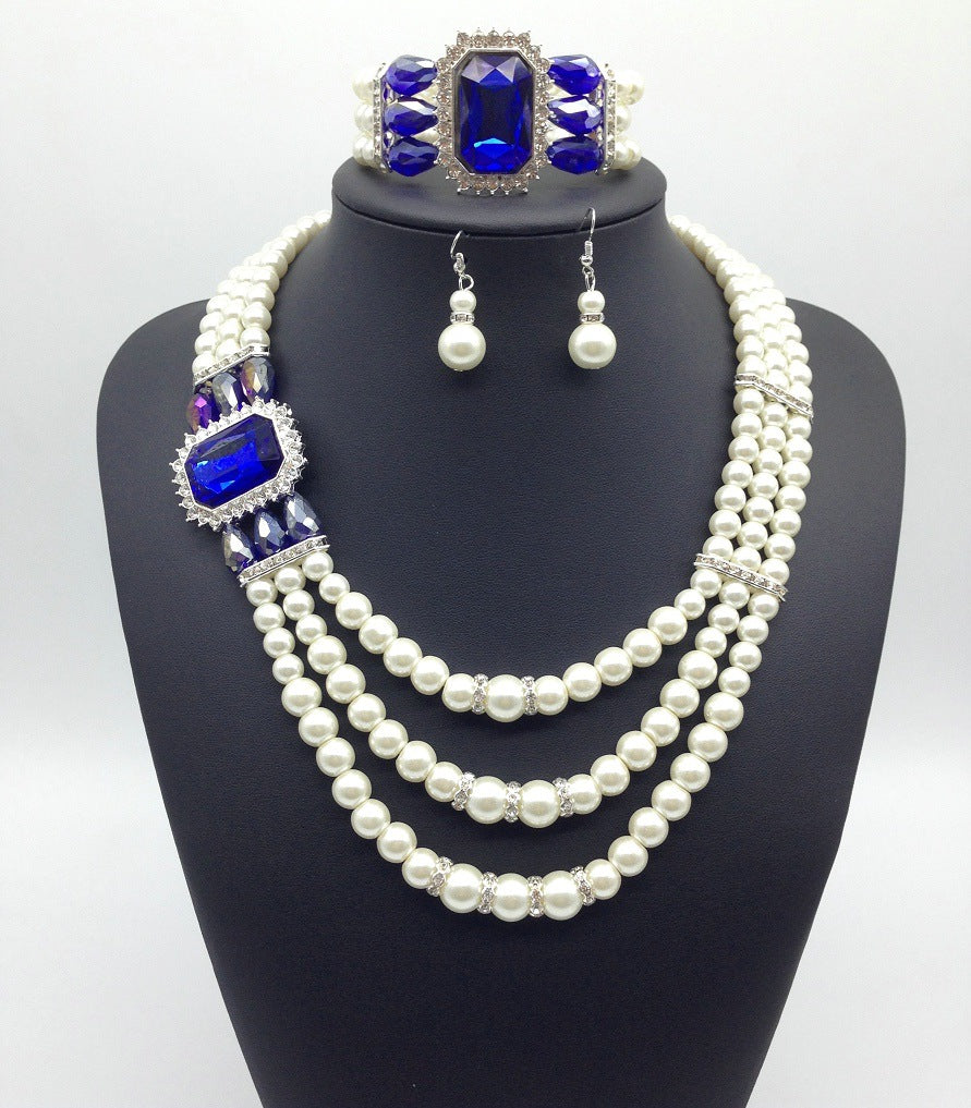 European fashion Diamond Gemstone Pearl Necklace Earrings Set Jewelry