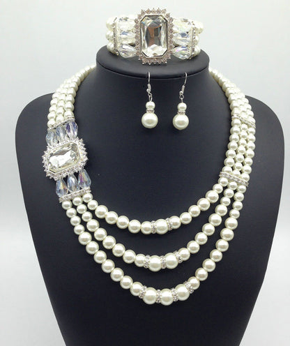 European fashion Diamond Gemstone Pearl Necklace Earrings Set Jewelry