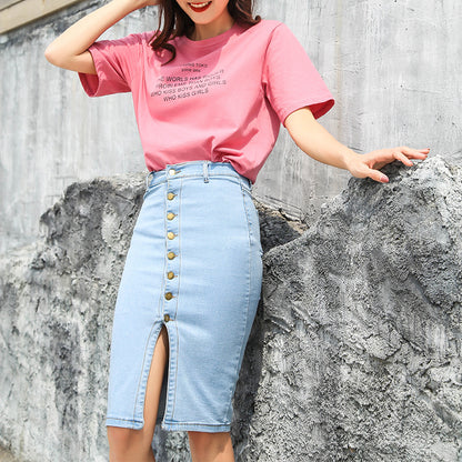 Single-breasted stretch denim skirt apparels & accessories