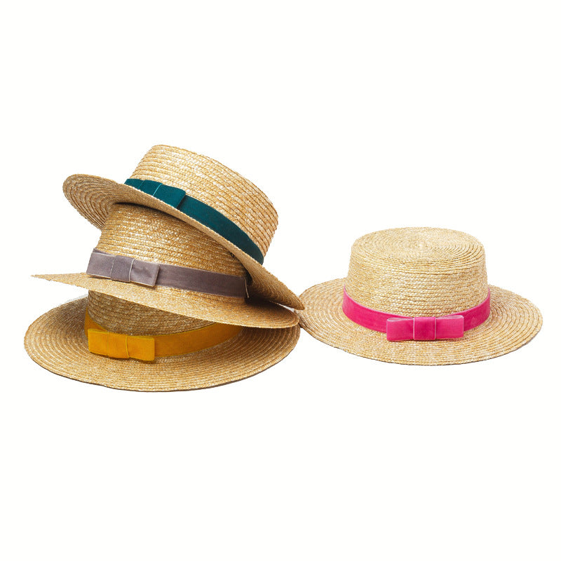 Straw hat with velvet ribbon and flat top apparel & accessories