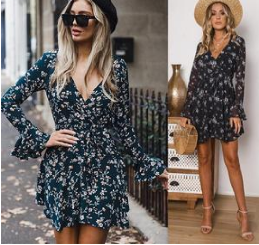 European and American V-neck horn long-sleeved printed dress apparel & accessories