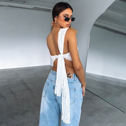 Ins Lace Backless Top Summer Solid Color Waistless Asymmetrical Sloped Neck Vest Streetwear Womens Clothes apparel & accessories