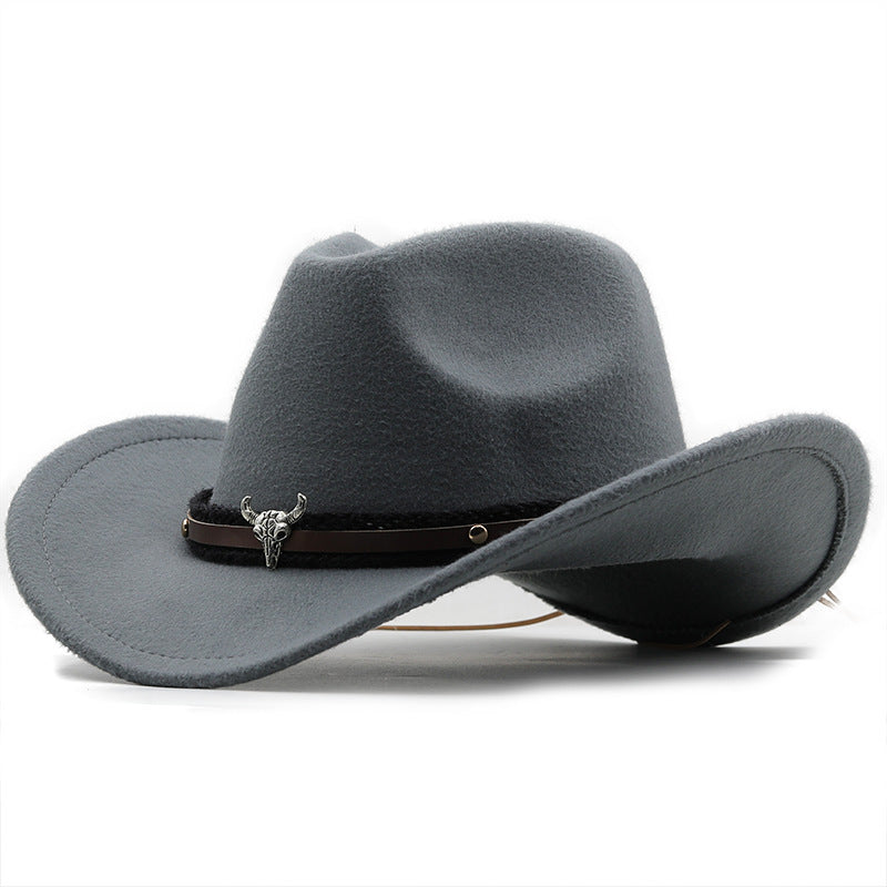 Metal Bull Head Label Western Denim Top Woolen Fedora Hat Hat