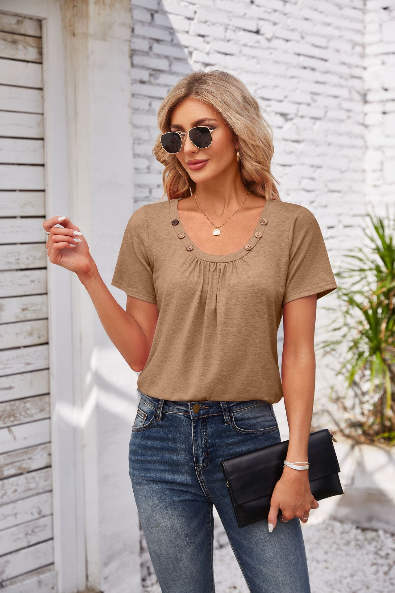 Women's Short-sleeved T-shirt Summer Button Square Collar Pleated Design Solid Color Loose T-shirt Womens Clothing apparel & accessories