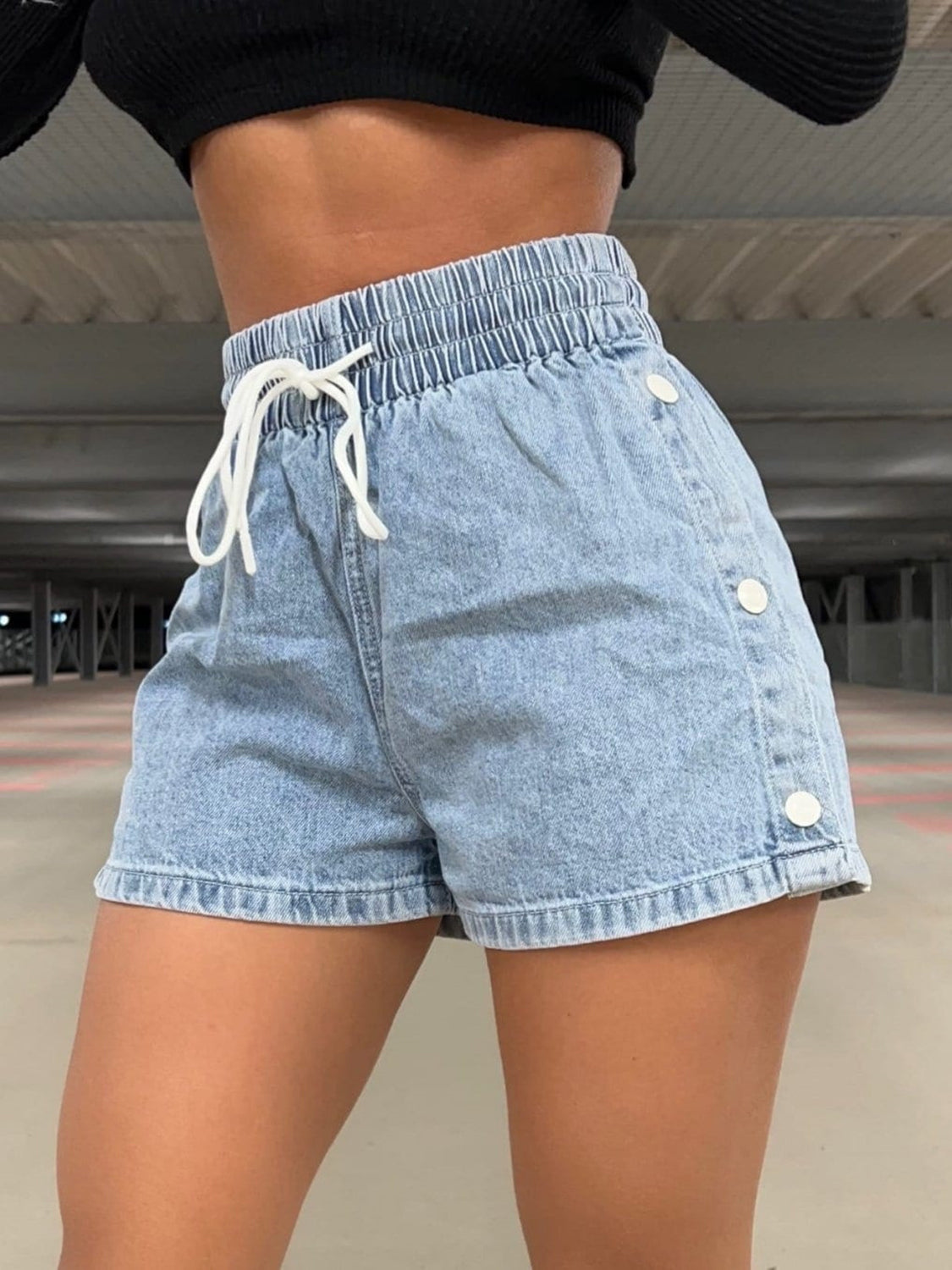 Drawstring High Waist Denim Shorts Bottom wear