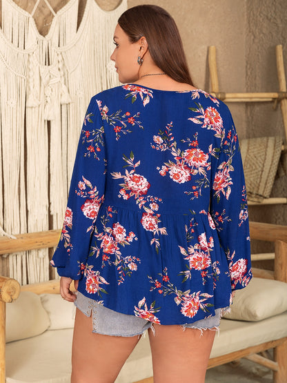 Plus Size Printed Tie Neck Balloon Sleeve Blouse Dresses & Tops