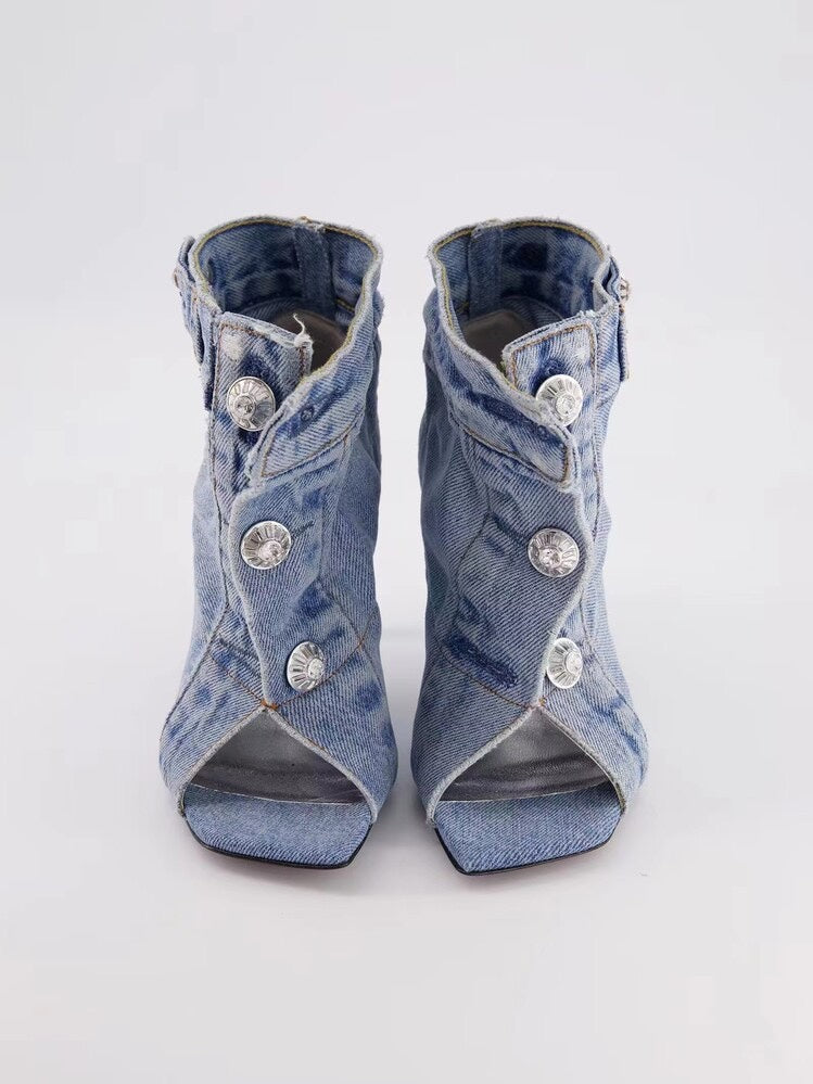 Short Boots High Heeled Rivets Denim apparel & accessories