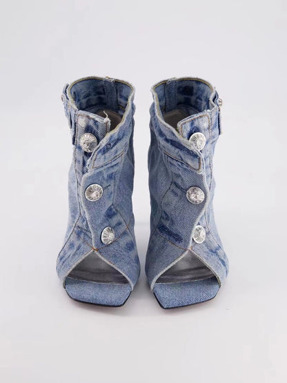 Short Boots High Heeled Rivets Denim Fabric Short Tube apparel & accessories