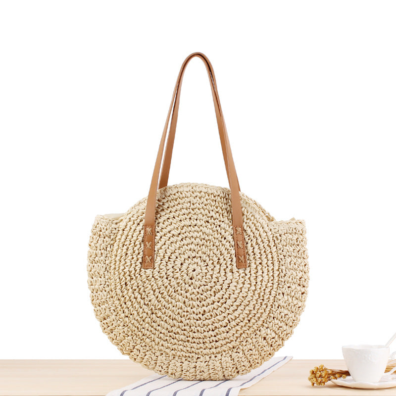 Simple Round Shoulder Bag Straw Handbag Summer Beach Bags apparel & accessories