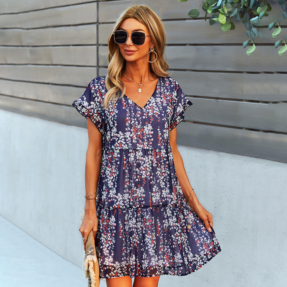 Flowers Print Short-sleeved Dress Summer Loose Chiffon A-line Dresses Fashion Casual Holiday Beach Dress For Womens Clothing apparels & accessories