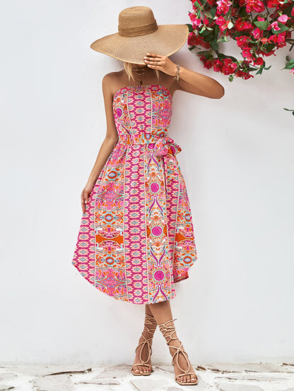 Printed Strapless Tie Belt Dress apparel & accessories