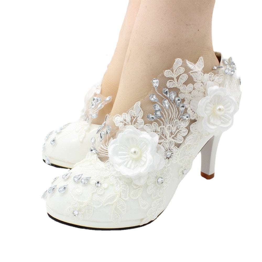 3D Floral White Lace High Heels Shoes & Bags