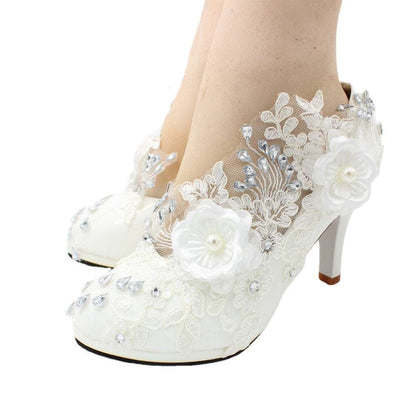 Floral White Lace High Heels Shoes & Bags