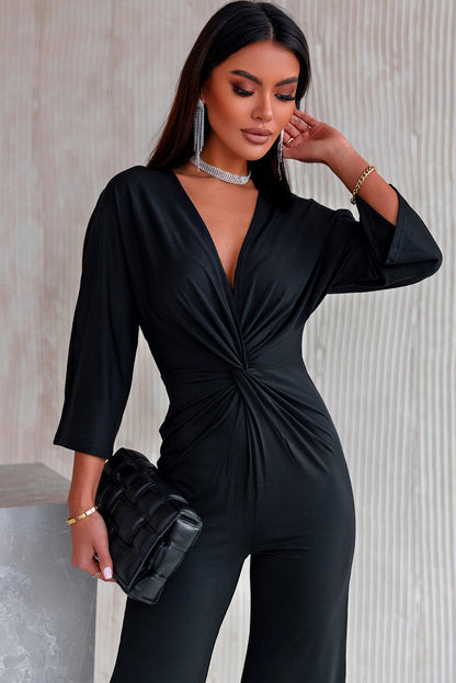 Twisted Plunge Three-Quarter Sleeve Jumpsuit apparel & accessories