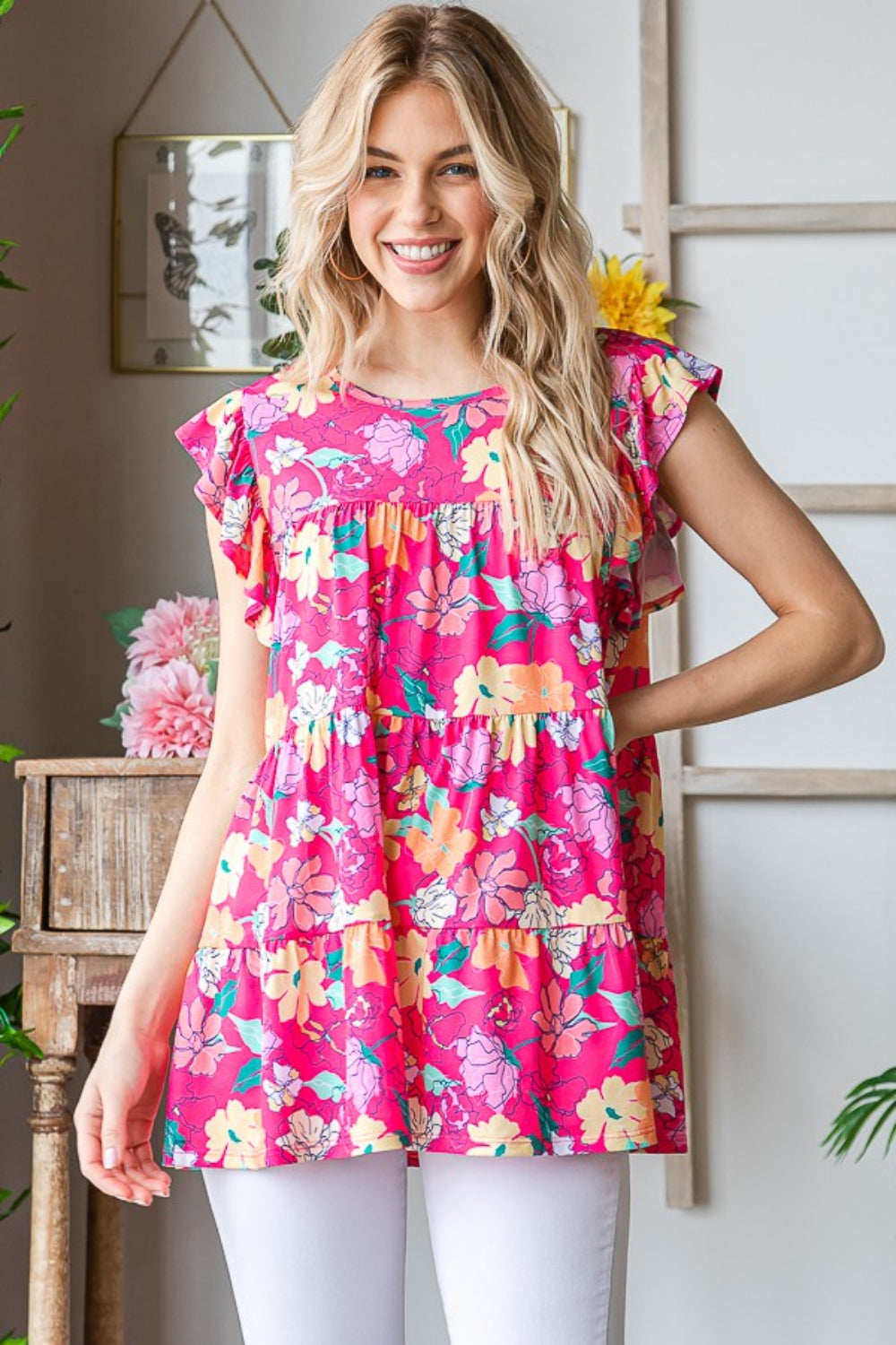 Heimish Floral Ruffle Sleeve Tiered Blouse Dresses & Tops