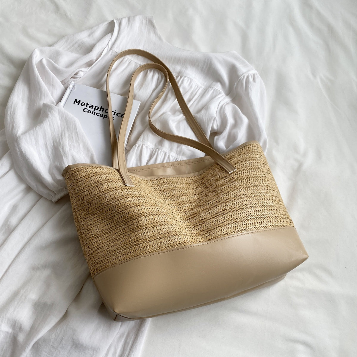 Straw Weave Leather Strap Tote Bag apparel & accessories