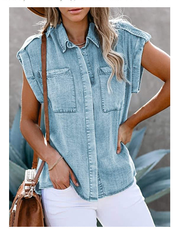 Sleeveless Denim Shirt Straight Pocket Loose Blouse Women apparel & accessories