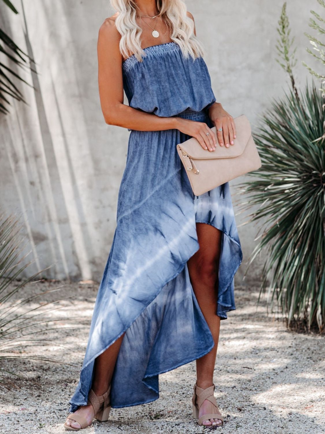 Smocked High-Low Tube Denim Dress apparel & accessories