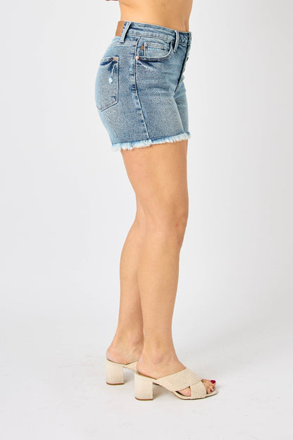 Judy Blue Full Size Button Fly Raw Hem Denim Shorts shorts