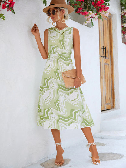 Printed Cowl Neck Sleeveless Dress apparel & accessories