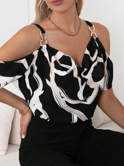 Cutout Printed Cowl Neck Short Sleeve Blouse Dresses & Tops