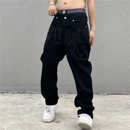 High Street American Retro Embroidered Letter High Waist Straight Hip Hop Loose Jeans apparel & accessories