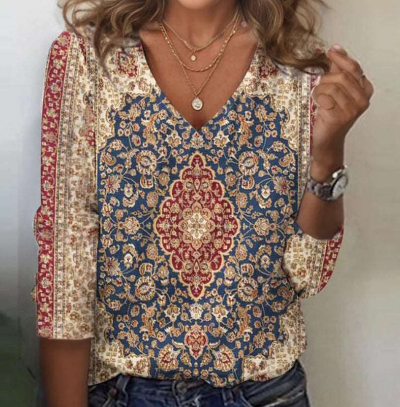 3D Butterfly Print Long Sleeve V-neck Loose Top apparel & accessories