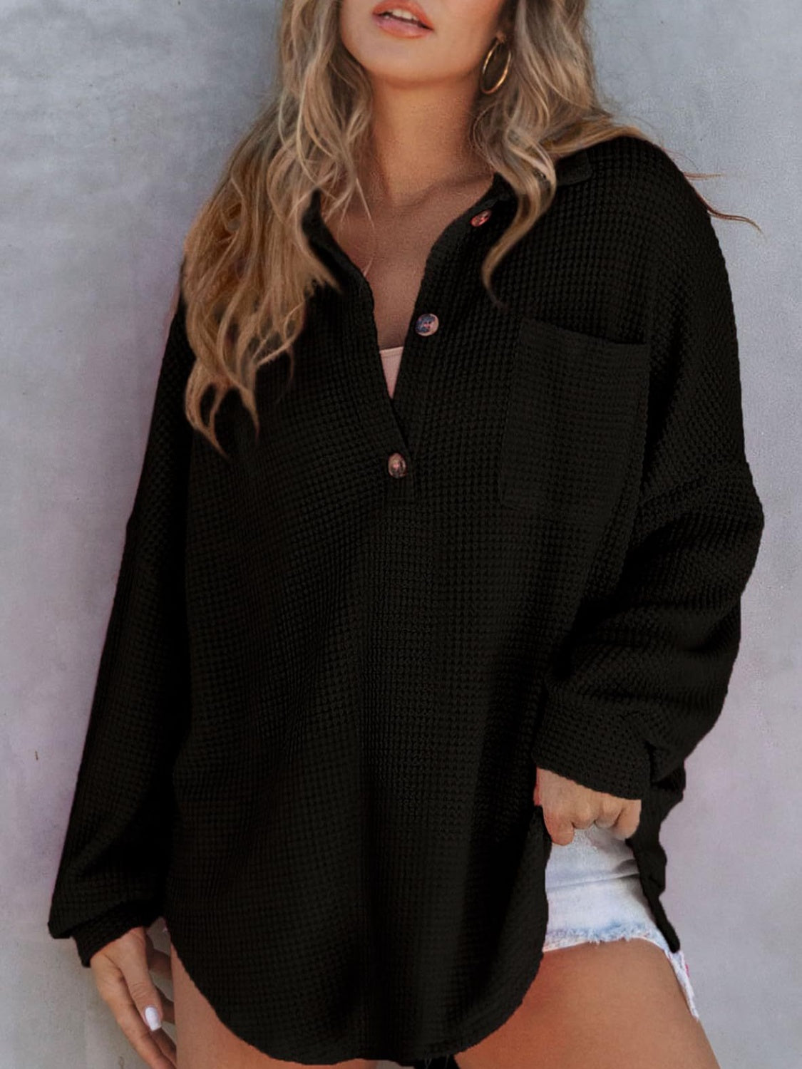 Waffle-Knit Dropped Shoulder Long Sleeve Sweatshirt Dresses & Tops