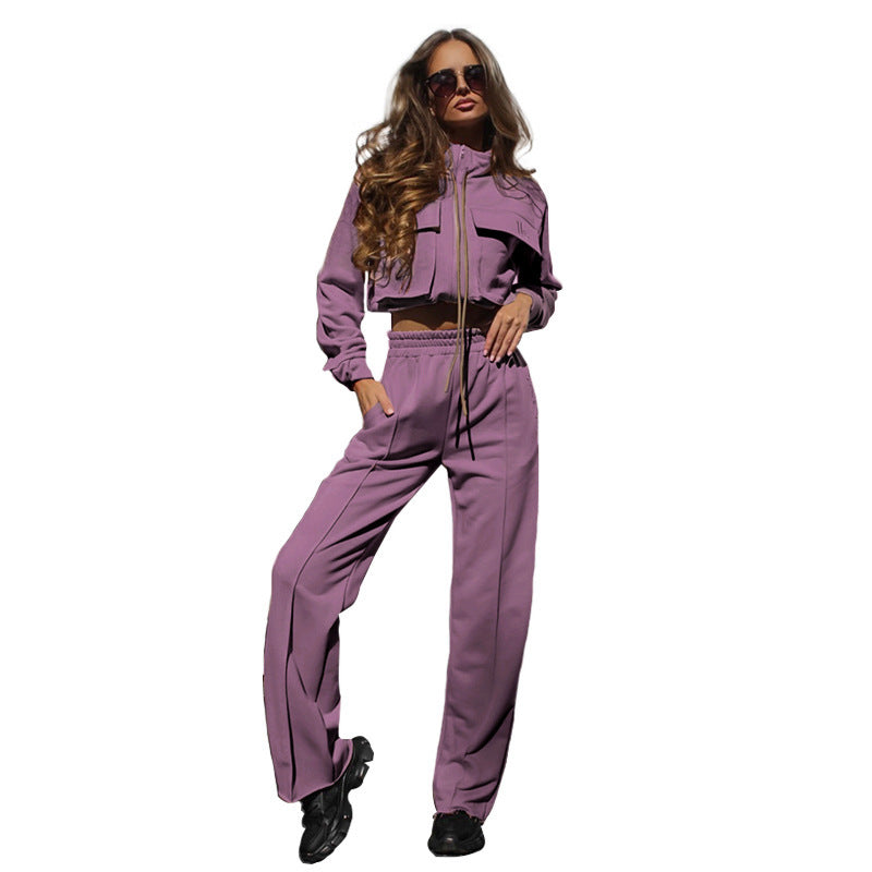 Solid Color Drawstring Long Sleeve Trousers Suit apparels & accessories