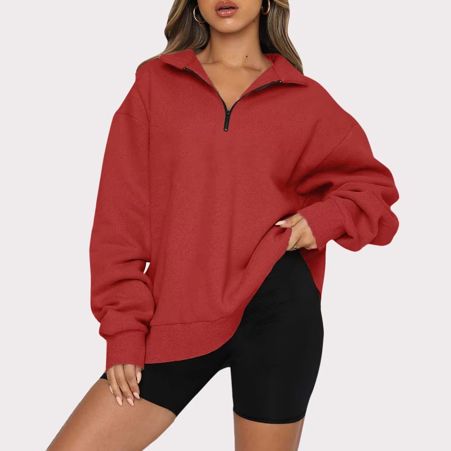 Women Sweatshirts Zip Turndown Collar Loose Casual Tops apparels & accessories