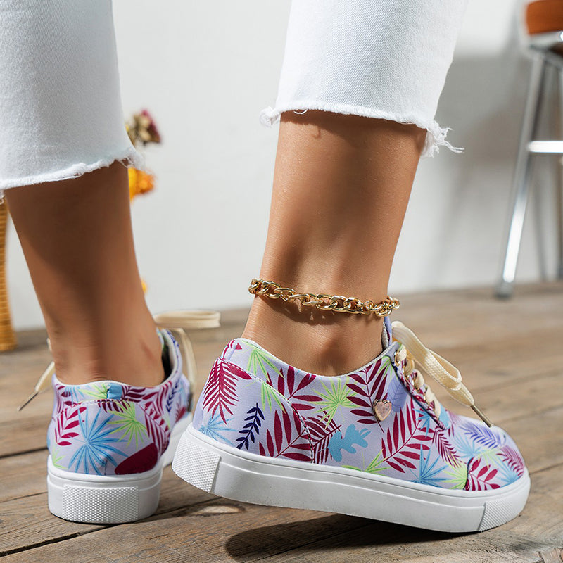 Canvas Shoes For Women Lace-Up Flats Leaves Print Shoes & Bags