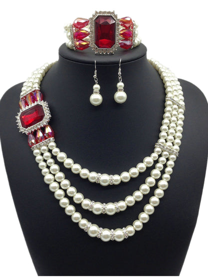 European fashion Diamond Gemstone Pearl Necklace Earrings Set Jewelry