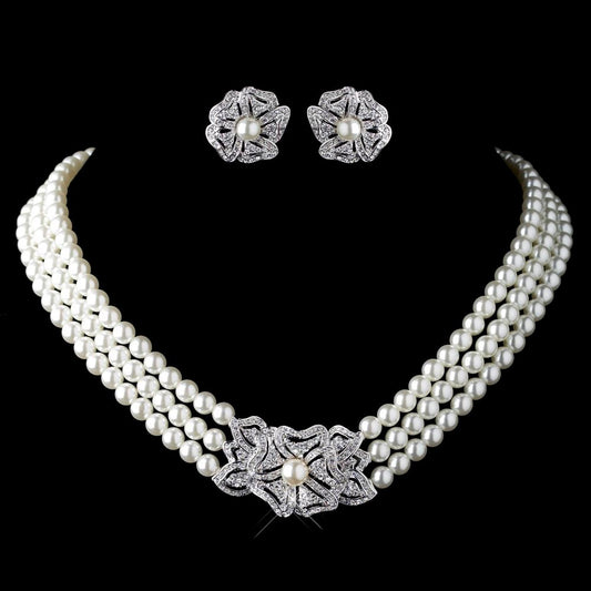 Pearl Rhinestone Necklace Earrings Jewelry Set Jewelry