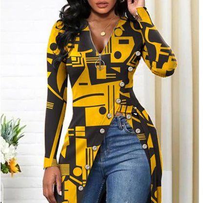 European And American V-neck Long Sleeve High Slit Printed T-shirt apparel & accessories