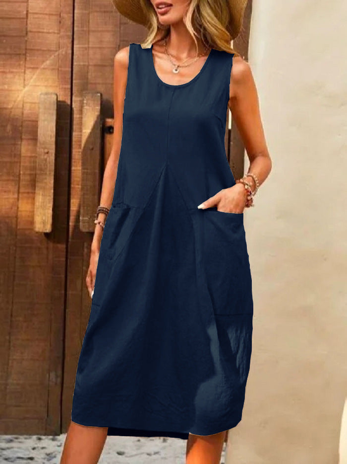 Sleeveless U-neck Dress With Pockets Design Casual Solid Color Loose Dresses Summer Fashion Womens Clothing apparel & accessories