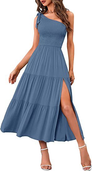 One-shoulder Pleated Layered Hem Split Dress apparels & accessories