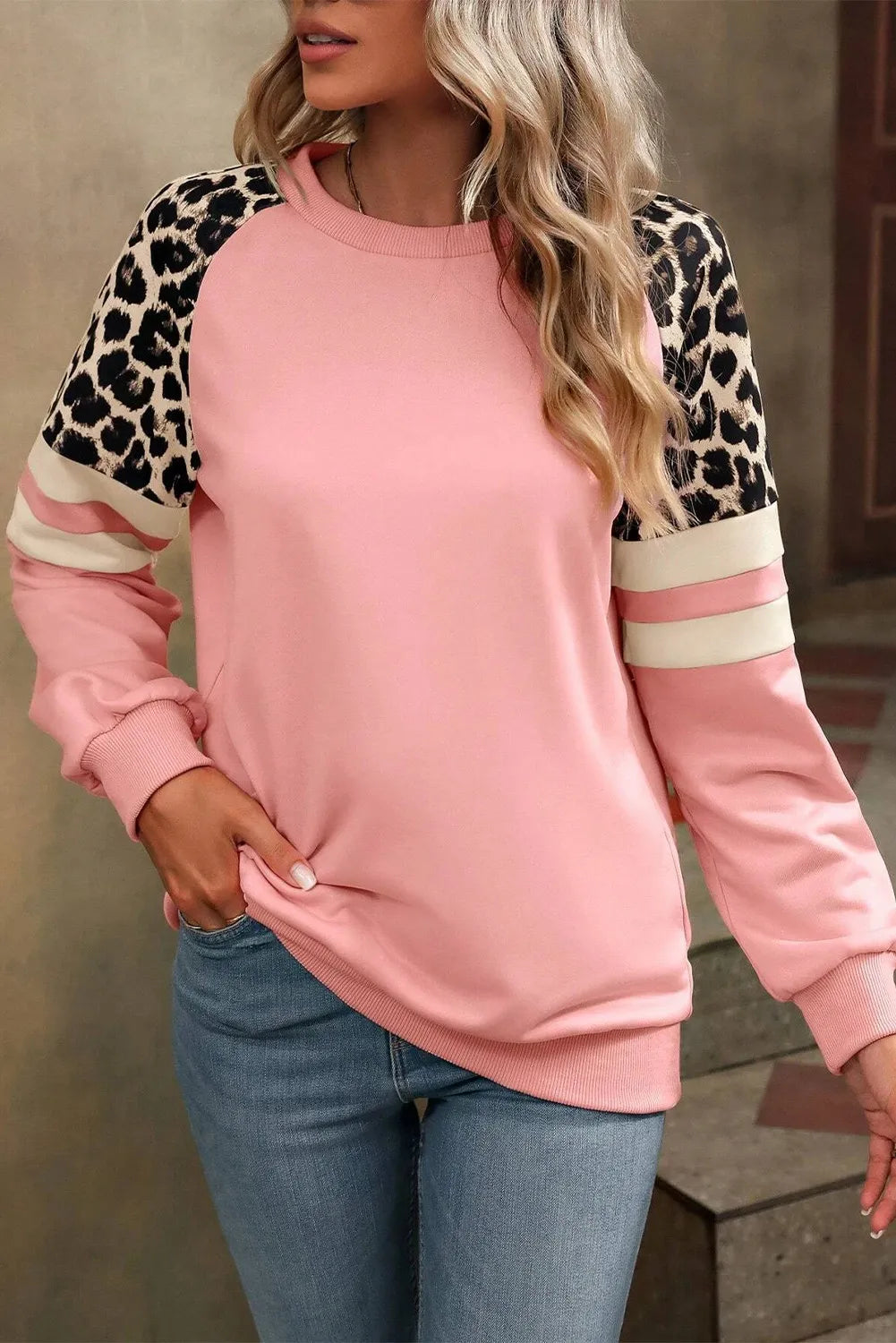 Leopard Round Neck Long Sleeve Sweatshirt Dresses & Tops