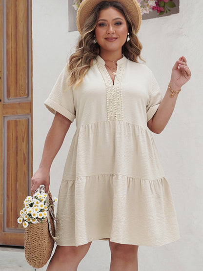 Plus Size Lace Detail Notched Short Sleeve Dress Dresses & Tops