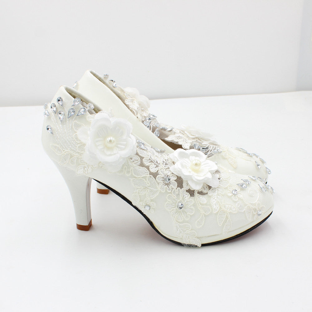 3D Floral White Lace High Heels Shoes & Bags