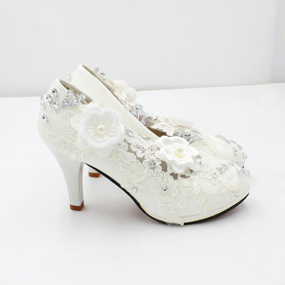 Floral White Lace High Heels Shoes & Bags